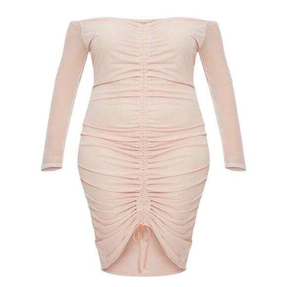 PrettyLittleThing Plus Nude Pink Mesh Ruched Bardot Midi Dress Sz 20 NWT - Picture 2 of 6